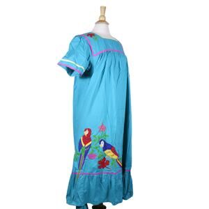 Vintage La Cera Blue Maxi Dress Parrots Birds Applique Cotton Mexican Size Med